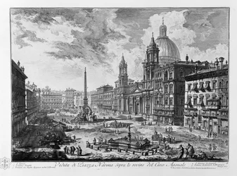 Vue de la Piazza Navona sur les ruines du Cirque Agonal. Église de Sant